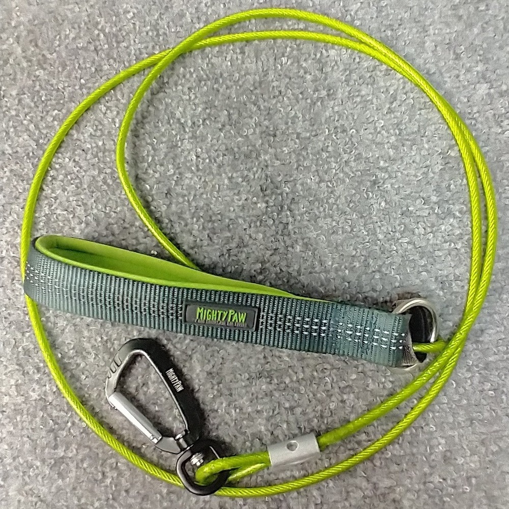 Mighty Paw Tie Out Cable Dog Leash OS Neon Green Chew Proof Steel Padded Handle